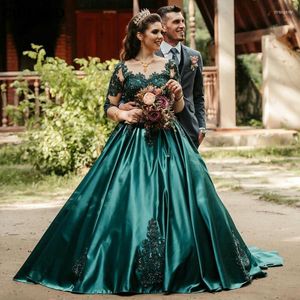 Party Dresses Green Evening For Women Scoop Applicques 3/4 ärmar Spetspärled Satin Ball Gown Prom Arabiska formella tävlingar