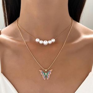 Kedjor trendiga kvinnor färgglada fjärilshänge halsband thailändska pärla dubbel lager halsband gyllene choker smycken