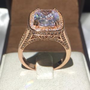Mode Smycken Rose Gold 925 Sterling Silver Ring Cushion Cut 10CT 5A Zircon CZ Engagement Wedding Band Ring for Women212Q
