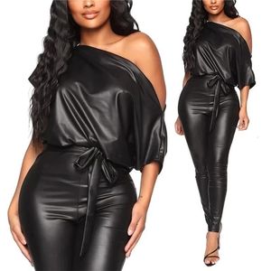 Women's Two Piece Pants Fashion Ladies PU Feather Jumpsuit Sexy Black Diagonal Collar Tight Bandage Party Club Jumpsuit Gothic Style 230512