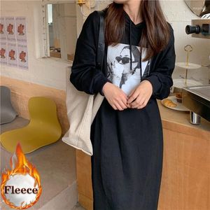 Sıradan Elbiseler Sonbahar Kış Polar Kadın Sweatshirt Elbise Harajuku Kalın Uzun Kollu Büyük Boy Maksi Baskı Kapşonlu Vestidos