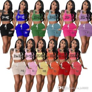 Summer Women Tracksuits 2 Piece Yoga Outfits Designer Klädbrev Tryckt Tank TOP och Shorts med fickor 12 färger