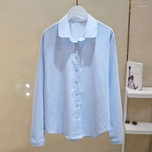 Kvinnors blusar Pure Cotton Blue White Shirt Women Spring Autumn Button Up Korean Blus Office Lapel Shirts Black Casual Top Chemise Femme