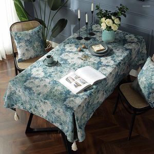 Table Cloth Oil Painting Style Floral Cotton Linen Round Tablecloth White Tassel Cover Home Dinning Decoration