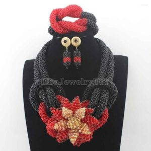 Kolczyki naszyjne Zestaw 2023 Blackred Slated Bridal Jewelry Flower Chunky Nigerian Wedding African Kulki Kostium HD8053