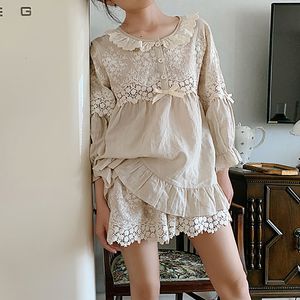 Women's Sleepwear Summer Women's Flower Embroidery Linen Pajama Sets TopsShorts.Vintage Ladies Girl's Pyjamas set.Victorian Sleepwear Loungewear 230515