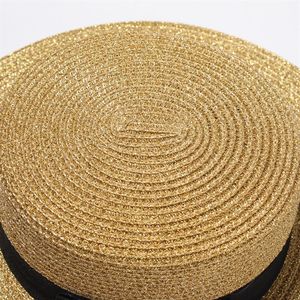 Fashion-woven vidbredd hatt Guldmetallbi Fashion Wide Straw Cap Parent-Child Flat-Top Visor Woven Straw Hat191m