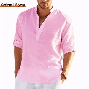 Mens tshirts linho de manga comprida cor sólida camisa de algodão casual largo de tamanho de tamanho 230512