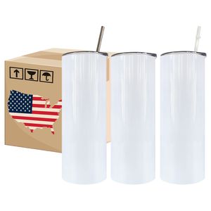 US/CA Stock 20oz Stainless Steel Water Bottles Sublimation Blanks Tumblers Straight Slim Coffee Tea Mugs with Lid and Plastic Straw Outdoor Camping Cups ss0515