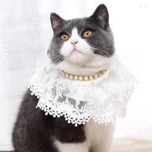 Dog Apparel Pet String Of Beads Collar Pearl Double Layer Lace Edge Bib Cat Mesh Scarf Accessories For Puppy