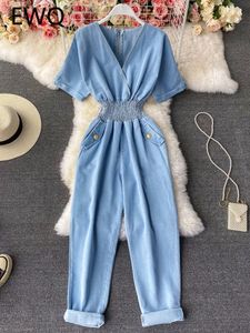 Women's Two Piece Pants EWQ Sweet Style Women Jumpsuits Denim V-neck Short Sleeve Solid Color High Waist Casual Jumpsuit Spring Summer SN0540 230512