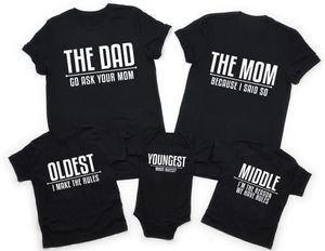 Family Matching Outfits Rules Shirts Dad Mom Oldest Middle Youngest Kids Tshirts Black Cotton Daddy Mommy and Me Baby Clothes 230512