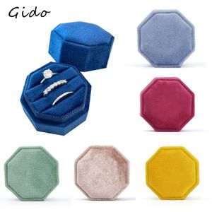 Jewelry Boxes Octagon Velvet Jewelry Box Muti Color Three Slots Double Ring Storage Case Wedding Ring Display for Woman Gift Earrings Package 230512