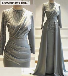 Party Dresses Grey Long Sleeve Muslim Evening Dress Satin Beaded Hijab Prom Formal Gown Arabia Dubai Kaftan Islamic Robe de Soiree 230515