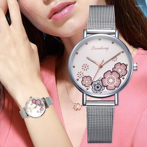 Wristwatches Watches For Women Luxury Silver Rhinestone Flowers Dial Metal Ladies Bracelet Quartz Clock Wrist Watch Flower