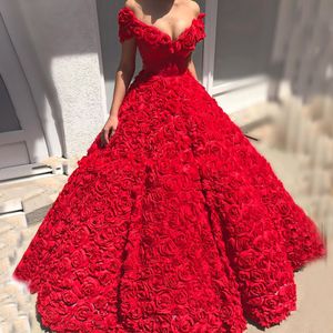 Luxury Red Women Prom-klänning för födelsedagsfest 2023 V-ringning utanför axeln puffy bollklänning 3D Flower Evening Formal Gowns Robe de Soiree skräddarsydd