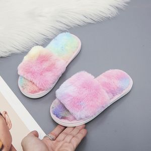 Slippers Kids Shoes for Girl Fluffy S Open Toe Flat House S Toddler Leopard Furry S Winter Indoor 230515