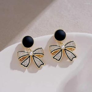 Dangle Earrings 2023 Black Bow Special Metal Design Hong Kong Style French Hepburn Versatile Temperament Fashion Women's