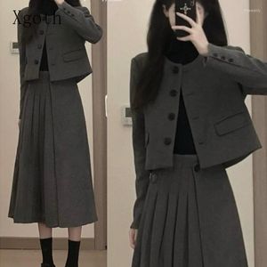 Arbeitskleider Xgoth Jahr Eleganter zweiteiliger Anzug Temperament Preppy Grauer Wollmantel Damen Hohe Taille Faltenrock Bürodame Streetwear