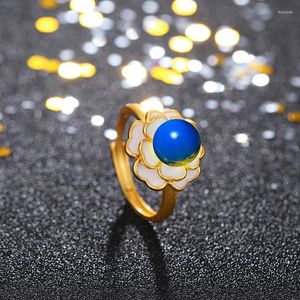 Pierścienie klastra Blue Amber Flower Talizmany 925 Srebrne prezenty Naturalne urok kamienie szlachetki Jewelry Lanpo rzeźbiony prawdziwy cyrkon Regulowany pierścień