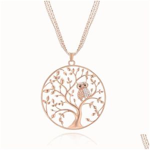 Hänge halsband Small Owl Tree of Life Halsband för kvinnor Rhinestone Rose Gold tröja Långt uttalande smycken Bijoux Dhgarden Dhn6c