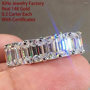 Cluster Rings Real 14K Solid Gold Women Wedding Band Ring Jubileum Engagement Party 0.3 CT Rectangle Emerald Moissanite Diamond