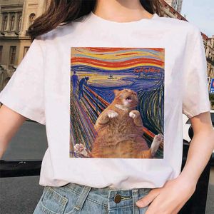 Camiseta feminina van gogh gato gato tigela camiseta arte pintura a óleo impressão de treliça nova t-shirt feminina de camiseta casual feminina harajuku tshirt tops engraçados tees grunge p230515
