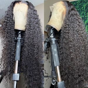 180Ddensity Curly Simulation Human Hair Wigs Brazilian Water Wave Lace Front Wigs For Black Women Pre Plucked Black Color Deep Wave Synthetic Frontal Wig