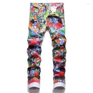 Men's Jeans Men's Graffiti Print Y2K Colored Slim Tapered Stretch Denim Pants Fashion Streetwear Contrast Color Trousers