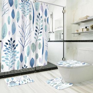 Shower Curtains Blue Floral Printed Long Curtain Liner Bathroom Mat Set Toilet Cover Non-Slip Bath Rug Waterproof Duschvorhang With Hooks