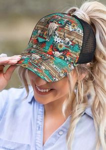 Bollmössor Womens Baseball Cap Western Style Steer Skull Graphic Sunflower Leopard Aztec Geometric Print Mesh Criss Cross Ponytail Hat 230515