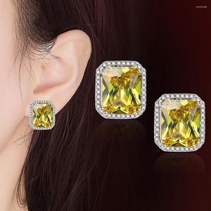 Orecchini a bottone 3 carati Quadrato di lusso Cristallo giallo Citrino Diamanti Pietre preziose Per le donne Oro bianco Colore argento Gioielli alla moda