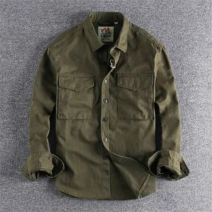 Men's Casual Shirts Retro Male Cargo Shirt Jacket Canvas Cotton Khaki Military Casual Work Mens Tops Clothing Single-Breasted Camisas De Hombre 230516