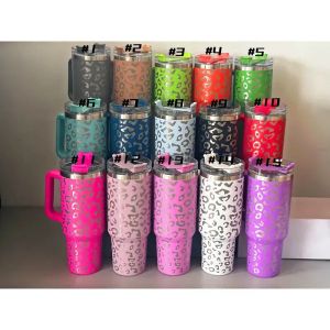 new 40oz leopard Stainless Steel Water Bottles with handle Lid Straw Portable Outdoor Sports Cup Beer Mug Insulation Travel Vacuum Flask Tumblers