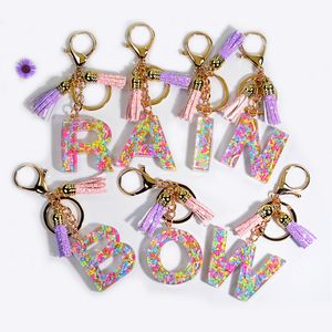 Sweet Rainbow Soft Clay Filled Letter Keychain Women Wallet Bag Charms Akryl Crystal 26 Initialer Hänge med nyckelring Tassel