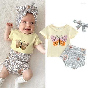 Clothing Sets FOCUSNORM Baby Girl's 3PCS Clothes Outfit 0-24M Short Sleeve Butterfly Printed T-Shirt Flower Elastic Shorts Headband