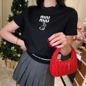 Miui Mui Shirt 2024 Early Spring Designer Womens Shirt Miu New Rhinestone Letter Decoration Pure Cotton Short Sleeve Crew Neck T-Shirt Women 6644 Mui Mui Top 94