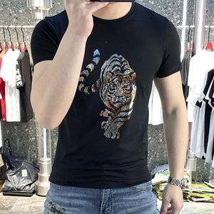 Mäns T-skjortor Europe Station Tiger Diamond T-shirt 2023 Mäns stora halvhylsa Laser-paljetter High End Short Fashion