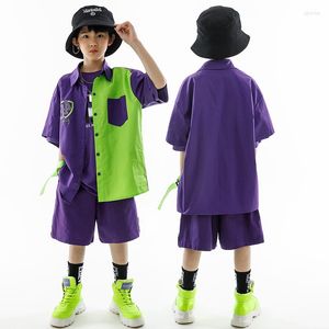 Scen Wear Fashion Purple Coat Loose Shorts Suit For Girls Jazz Modern Dance Costumes Boys Hip Hop Streetwear Rave Clothes DN15331