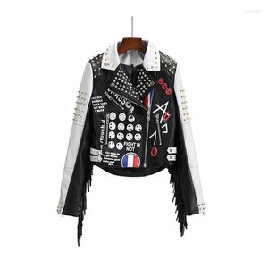 Kurtki damskie amerykańska mapa Tassels punk Faux skórzana kurtka Kobiet Graffiti Studded Nit Fashion Streetwear Płaszcz motocyklowy