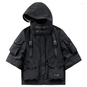 Mäns jackor Män sommartekniklastjacka med funktionella fickor Huva Darkwear Tactical Coat Cyber ​​Hip Hop Ytterkläder