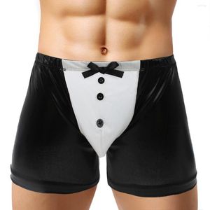 Mutande Boxer da smoking sexy da uomo Slip Mutandine Pantaloncini da uomo in pelle verniciata Bottoni del mouse Biancheria intima bowknot