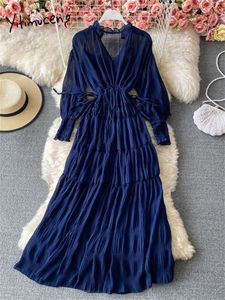 Casual Dresses Yitimuceng Chiffon Maxi Dresses For Women Fashion Vintage Lantern Sleeve V Neck Beach Dress Chic Casual Solid Folds Dress 230515