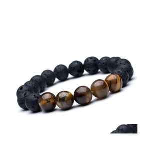 Bärade trådar Mens Bead Armband Bangles 12mm Tiger Eye Lava Natural Stone Pärlor Strand Armband Armet för manliga smycken Drop Deli Dhpve