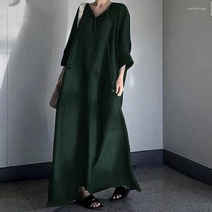 Abiti casual SuperAen Abito lungo oversize alla moda semplice giapponese e coreano con scollo a V in lino di cotone tinta unita