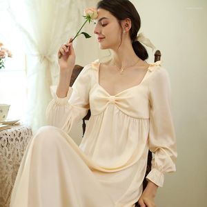 Pigiameria da donna Principessa Dolce Fiocco Camicie da notte Francese Sexy Maniche lunghe Camicia da notte a metà polpaccio Moda Albicocca Seta di ghiaccio Homedress