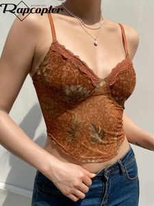 Serbatoi da donna Camis Rapcopter Floral y2k Brown Crop Top Pizzo con volant Corsetto carino Spaghetti Strap Felpe Harajuku Tee Women Beach Gilet 230515