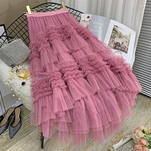 Skirts 2023 Irregular Mesh Cake Skirt Women Fashion Elastic High Waist Sweet Princess Party Tiered Tulle Midi Female Clothes