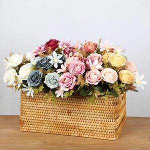 Decorative Flowers 5 Roses 4 Daisies Artificial Wedding Home Room Decoration High Quality Big Bouquet Luxury Fake Flower Arrangement Bulk