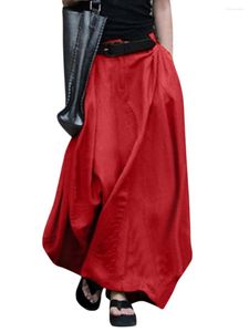 スカート女性カジュアルカーゴルーズロングスカートハイウエストボーホポケットとサイズのボトム付きラインスイング長